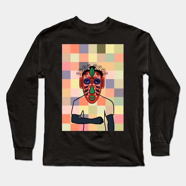 South Korea - Dark Male Character with African Mask and Pixel Background Long Sleeve T-Shirt by Hashed Art